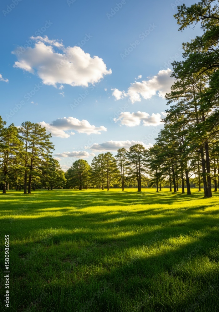 Obraz premium Sunny Day Landscape: Green Field with Pine Trees and Blue Sky