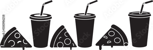 Three slices of pizza with dripping cheese and three cups with straws silhouette