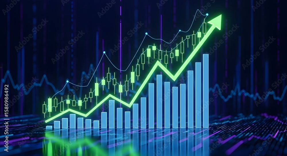 Naklejka premium Financial Growth Chart Visualize Upward Trends and Progress with a Dynamic Stock Market Graph and Rising Arrow.
