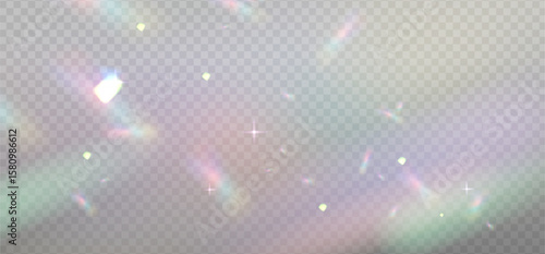 Colorful lenses and light flares with transparent effects. Iridescent crystal leak glare reflection overlay effect. Optical rainbow lights, glare, leak. Vector sparkle falling confetti.