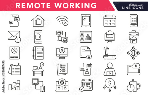 Remote working linear icon set. Work from home, hybrid work, flexible working, meeting, work online, home office,freelance, digital nomad, office, work at home vector icon set. UI thin line icon pack.