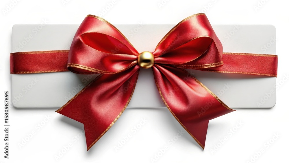 Fototapeta premium Elegant red satin ribbon bow adorns a blank gift card, perfect for celebratory occasions