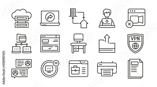 Remote working linear icon set. Work from home, hybrid work, flexible working, meeting, work online, home office,freelance, digital nomad, office, work at home vector icon set. UI thin line icon pack.