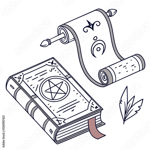 Illustration of a spellbook with a pentagram symbol a scroll and a feather in a outlined style