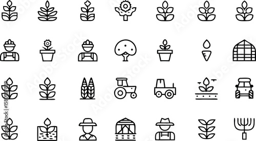 Agriculture and Farming Icon Set Depicting Various Aspects of Cultivation Harvesting and Rural Life With Simple Black and White Designs