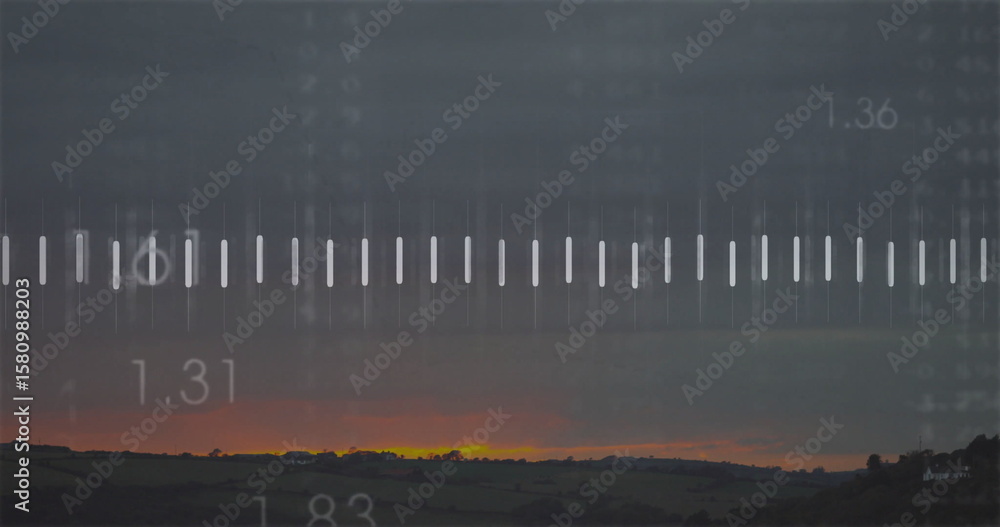 Obraz premium Overlaying digital progress bar over rural dawn horizon, highlighting tick marks and numeric data