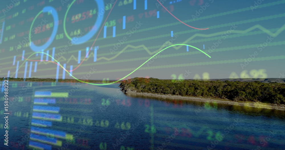 Obraz premium Displaying forested peninsula reflecting lake water lakeside, with stock charts and numeric data