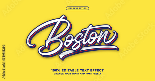 Boston: playful vector text effect with white lettering and dark outline over a soft yellow background. Perfect for food packaging, baseball posters, or retro-themed banners.