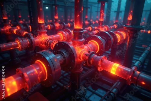 Glowing Network of Industrial Pipes and Valves Heat Energy Transfer System
