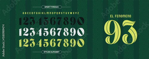El Fenomeno 93: a retro sports jersey font inspired by green stripes and gold-white inline style. Features numbers and letters in Brazilian-style design. Perfect for football posters and uniform layo