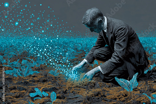 Man in suit interacts with glowing particles in field symbolizing metaverse innovation and business strategy for future growth and technology