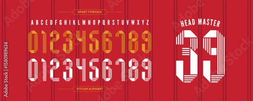 Head Master 39: bold red-striped jersey font with a stylish lined number design. Includes complete alphabet and numbers for personalized sport visuals and custom team graphics.