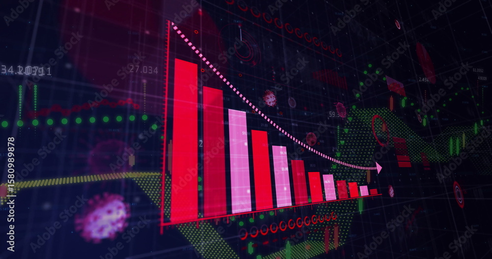 Fototapeta premium Animating bar chart arrow descending in grid with candlesticks, virus icons and globe mesh