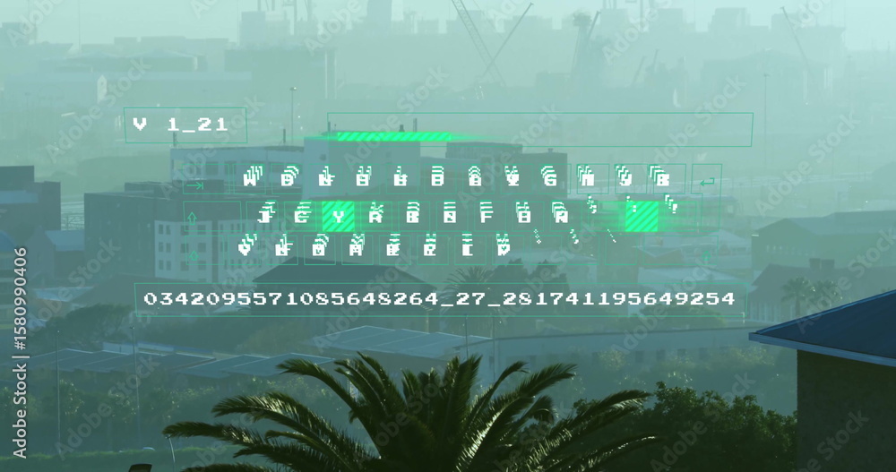 Obraz premium Floating green data overlay hovering over containers in industrial area with palm fronds and cranes