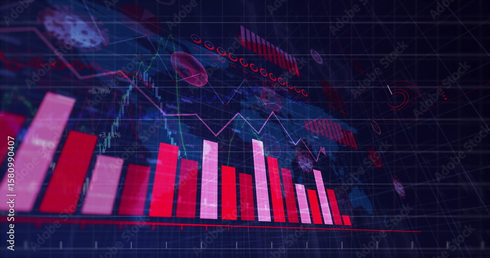 Naklejka premium Displaying neon red and pink bar chart in virtual data dashboard, with floating virus icons