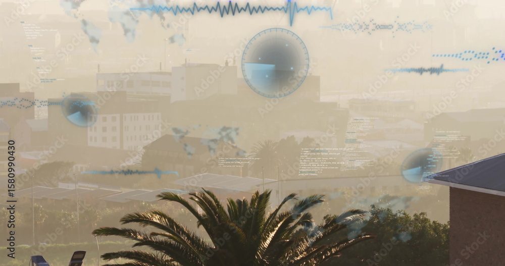 Obraz premium Displaying palm tree and chairs on terrace overlooking hazy cityscape, with digital HUD overlays