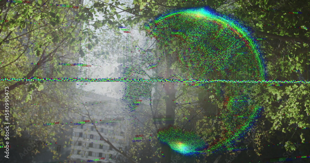 Fototapeta premium Glitching orb hovering at urban forest edge, with branches, facade and data lines, copy space