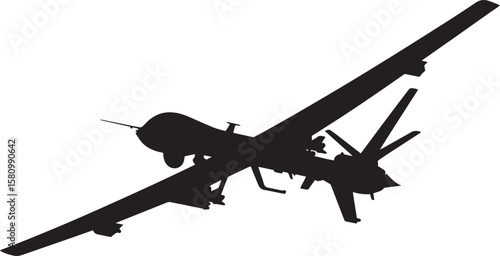 Drone Soaring in the Sky A military drone flying high with wings extended. Full-length silhouette in black vector art.