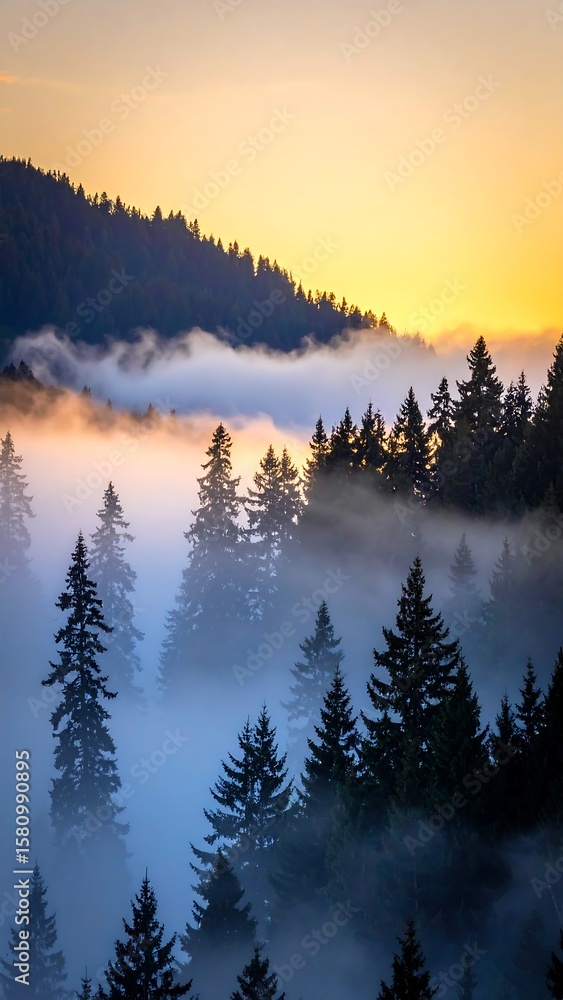 Fototapeta premium Misty sunrise over a pine forest