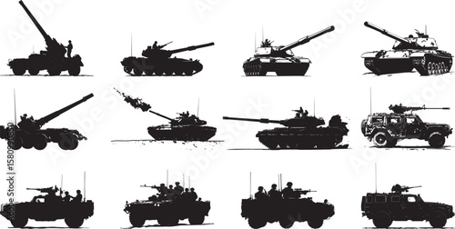 Artillery Tank A tank with a large barrel, ready to fire. full length silhouette black vector illustration