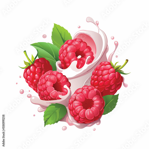 3D realistic  vector set of whole and sliced raspberry with juice and milk or yogurt splash for food, juice, and dairy designs.