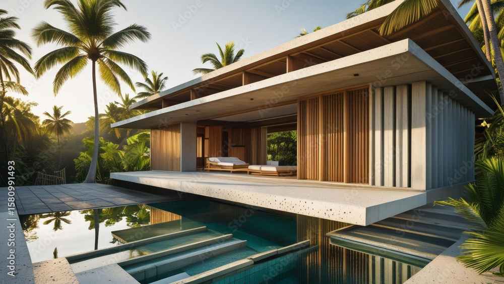 Fototapeta premium Luxury Villa Design with Modern Architecture: Contemporary Pool House Amidst Tropical Landscape, Sustainable Minimalist Exterior & Open Concept Living Space - High-End Retreat Destination