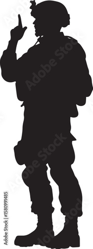Signal Communication A soldier using hand signals to communicate with other team members in a covert manner. full length silhouette black vector illustration