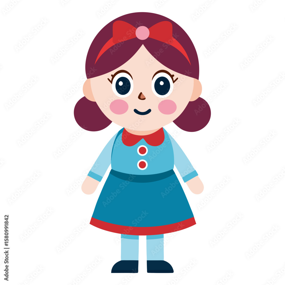 Cartoon illustration of a cute young girl with a red bow wearing a blue dress with red accents and standing against a white background in Cartoon illustration of a cute young girl with a red bow wearing a blue dress with red accents and standing against a white background in