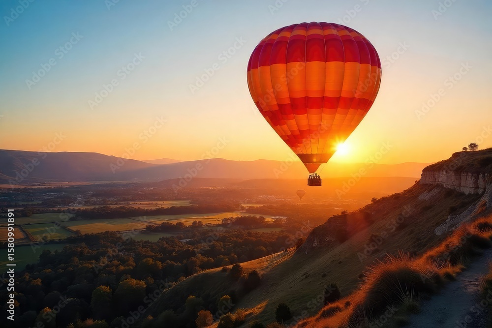 Obraz premium Vibrant Hot Air Balloon Ascending at Sunrise, Casting a Long Shadow Across Serene Landscape. A Breathtaking Scene of Exploration and Adventure, Perfect for Travel and Vacation Themes.