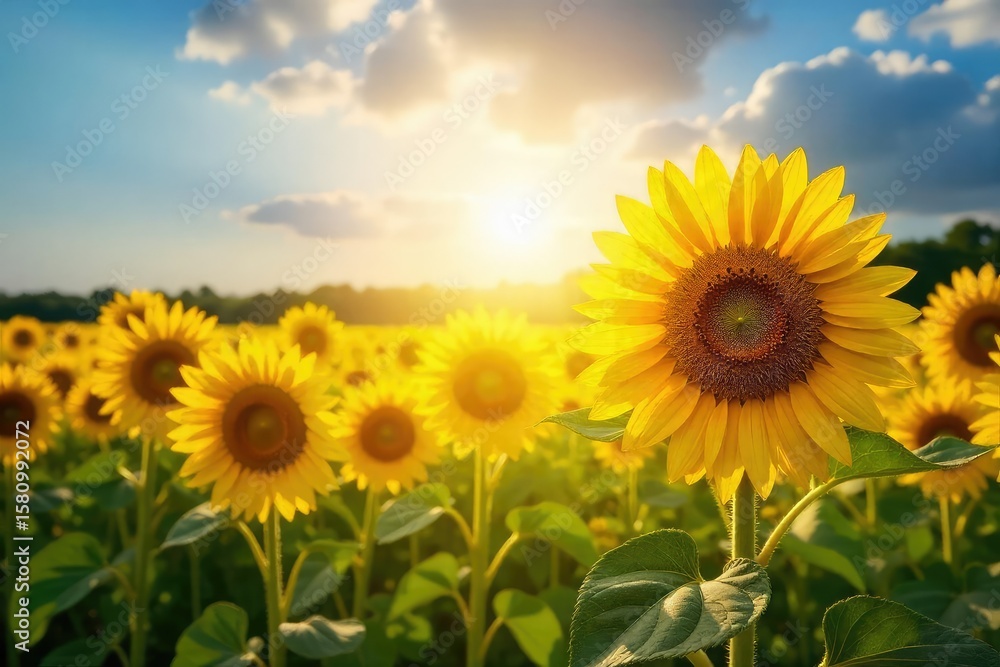 Vibrant Sunlit Sunflower Field Joyful Summer Landscape Radiating Happiness and Positive Energy Vibrant Sunlit Sunflower Field Joyful Summer Landscape Radiating Happiness and Positive Energy