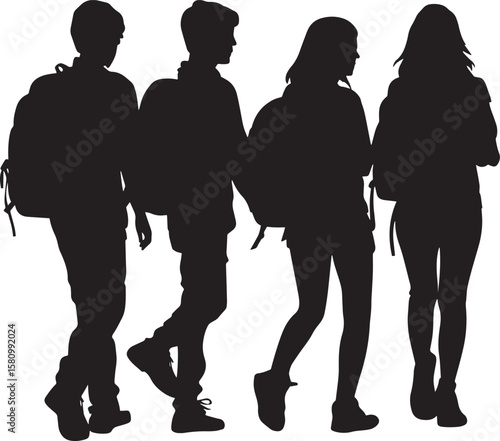 Field Trip Excitement A black silhouette vector of a student walking with a group, schoolbag on their back.