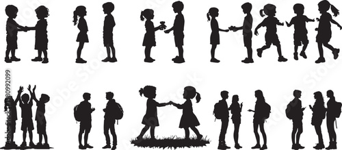 Socializing A student chatting with friends, holding their schoolbag casually or resting it next to them while they talk. full length silhouette black vector illustration