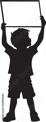 Proud Moment A black silhouette vector of a child smiling, holding up a certificate with pride.