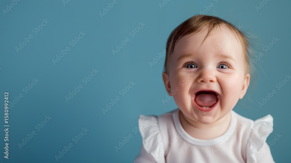 An adorable caucasian baby girl laughing with an open mouth against a solid blue background, full of happiness. An adorable caucasian baby girl laughing with an open mouth against a solid blue background, full of happiness.