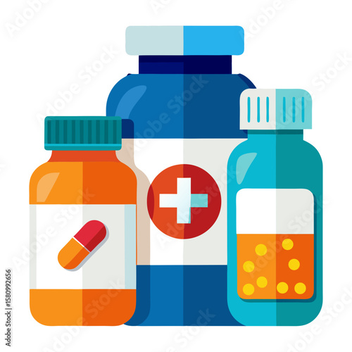Colorful Illustration of Medicine Bottles with Pills and Capsules Depicting Healthcare Pharmaceuticals and Medical Treatments in a Clean Modern Style Perfect for Health Related Designs
