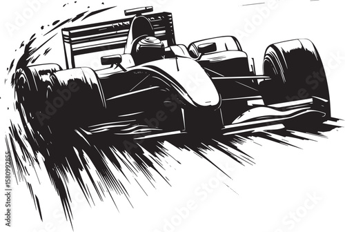 Formula 1 Racing A person driving a race car at extreme speeds, navigating tight corners on a race track. full length silhouette black vector illustration