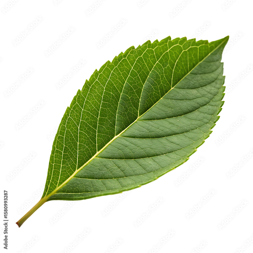 Obraz premium A single fresh green leaf with detailed veins, a symbol of nature and ecology, isolated on a transparent background png