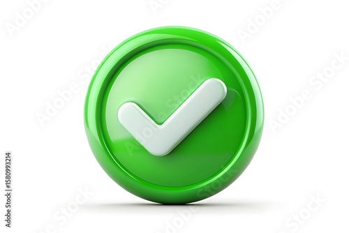 A vibrant green check mark button, isolated on white background, signifies approval, success, and correctness in a clean and modern 3d render