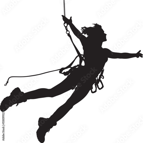 Bungee Jumping A person leaping off a platform, with a bungee cord attached, mid-air. full length silhouette black vector illustration
