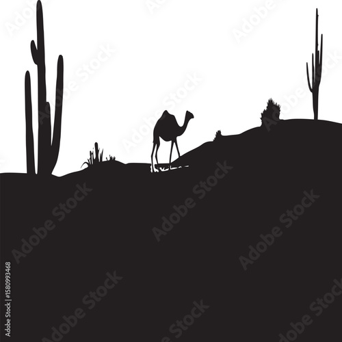 Silhouette of a camel walking in the desert with cacti against a bright sky at sunset time