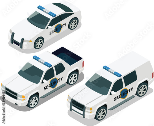 Isometric corporate security patrol vehicles