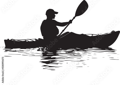 Stroke Paddling Person using deep strokes to propel the kayak. full length silhouette black vector illustration