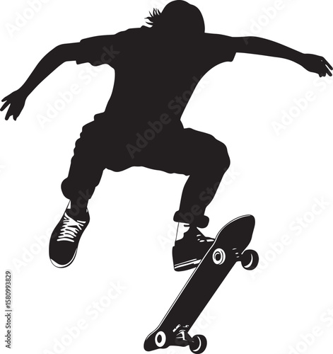 Individual performing a manual by lifting the front wheels of the skateboard while balancing on the back. Complete silhouette in black vector illustration.