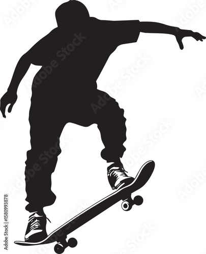 A skater in a riding position, with one foot pushing against the ground to propel the board forward. full length silhouette black vector illustration