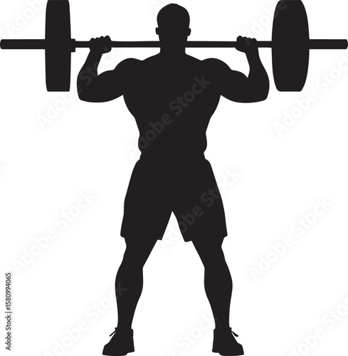 A lifter standing tall with a barbell resting on their shoulders or in their hands, looking satisfied after a successful lift. full length silhouette black vector illustration