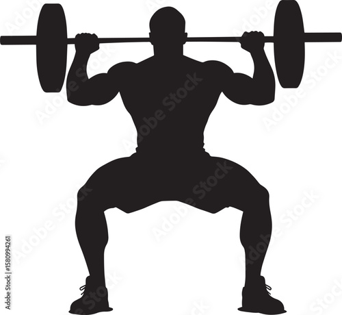 A lifter holding the barbell on the front of the shoulders, elbows high, as they squat down. full length silhouette black vector illustration