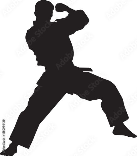 A martial artist defense where the arm is raised to intercept an attack to the head. full length silhouette black vector illustration