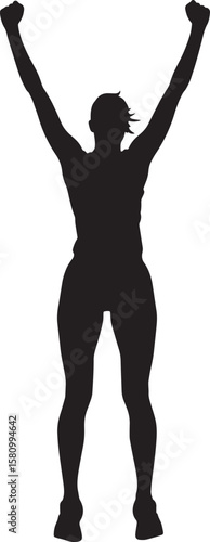 A sprinter or jumper celebrating with arms raised after winning. full length silhouette black vector illustration