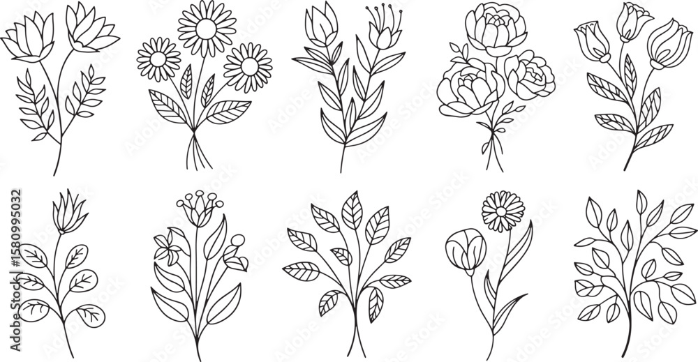 Fototapeta premium flowers and leaves bundle silhouette line art design illustration premium quality