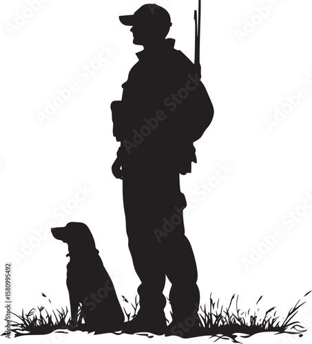 A hunter standing with a dog sitting beside them. full length silhouette black vector illustration